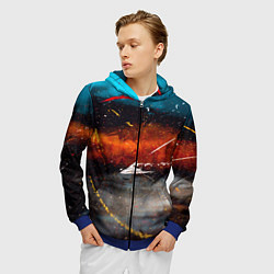 Толстовка 3D на молнии мужская Серый, оранжевый и синий туманы и краски, цвет: 3D-синий — фото 2