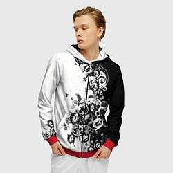 Толстовка 3D на молнии мужская Черно-белая птица среди узорчатых цветов, цвет: 3D-красный — фото 2