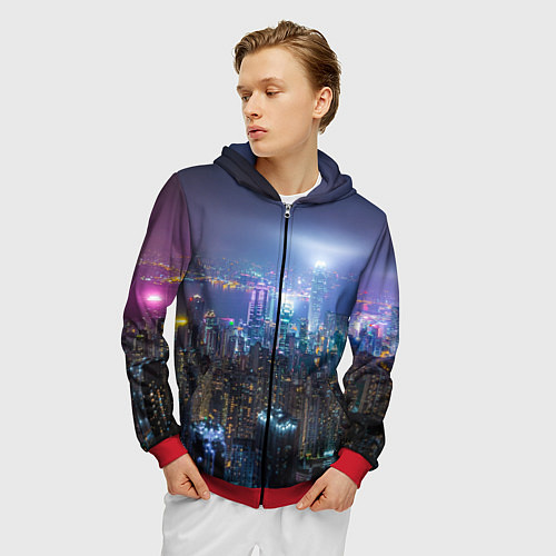 Мужская толстовка на молнии Большой город в розово-голубых огнях / 3D-Красный – фото 3