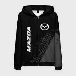 Толстовка 3D на молнии мужская Mazda speed на темном фоне со следами шин: надпись, цвет: 3D-черный