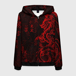 Толстовка 3D на молнии мужская Красный дракон - иероглифы, цвет: 3D-черный