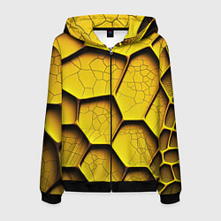 Толстовка 3D на молнии мужская Желтые шестиугольники с трещинами - объемная текст, цвет: 3D-черный