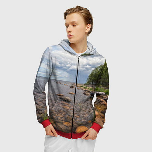 Мужская толстовка на молнии Лодка на Ладоге / 3D-Красный – фото 3
