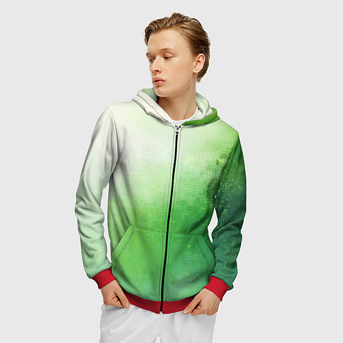 Мужская толстовка на молнии Зелёные пиксели / 3D-Красный – фото 3