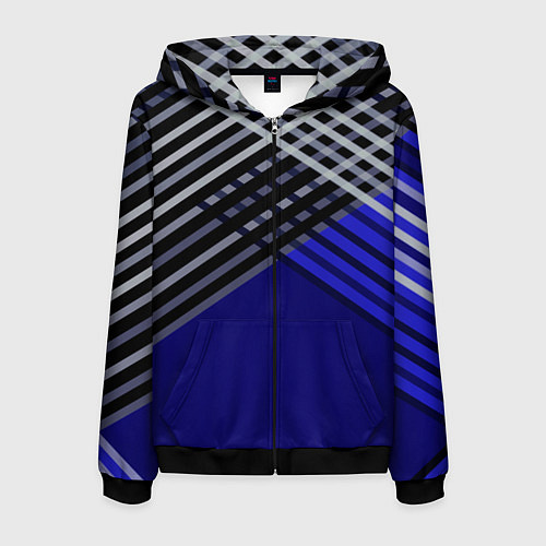Мужская толстовка на молнии Белые и серые полосы на синем фоне / 3D-Черный – фото 1