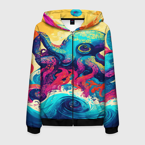 Мужская толстовка на молнии Разноцветный осьминог на волнах красок / 3D-Черный – фото 1