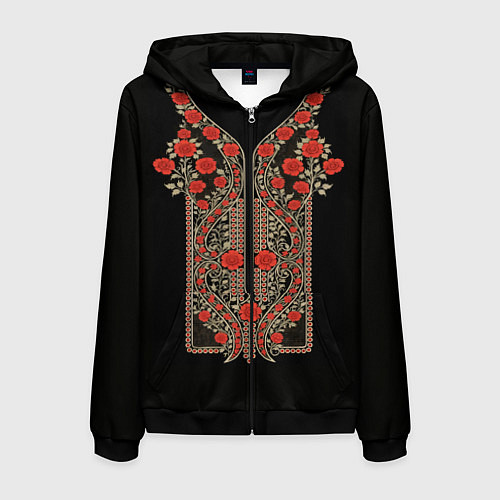 Мужская толстовка на молнии Растительный цветочный орнамент - красные розы на / 3D-Черный – фото 1