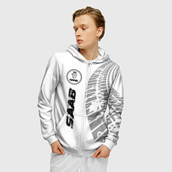 Толстовка 3D на молнии мужская Saab speed на светлом фоне со следами шин: по-верт, цвет: 3D-белый — фото 2