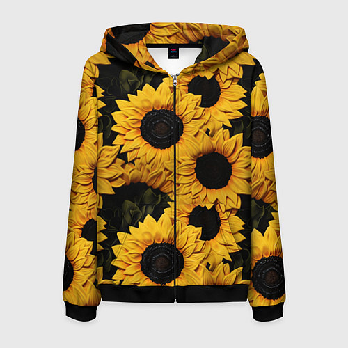 Мужская толстовка на молнии Подсолнухи объемными мазками от нейросети / 3D-Черный – фото 1