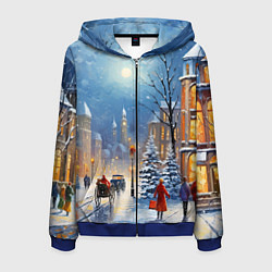 Толстовка 3D на молнии мужская Новогодний городской пейзаж, цвет: 3D-синий