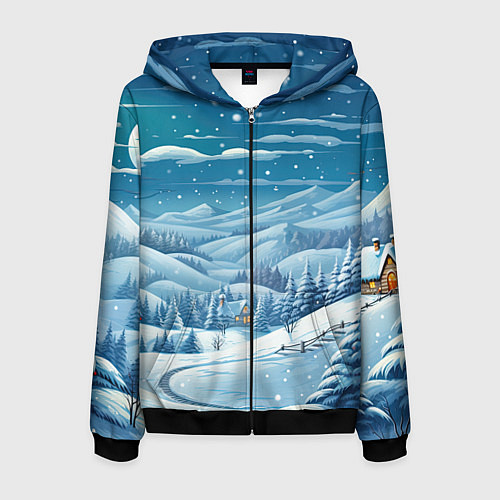 Мужская толстовка на молнии Новогодний пейзаж природа / 3D-Черный – фото 1