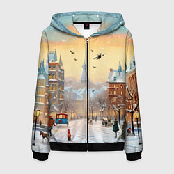 Толстовка 3D на молнии мужская Новогодний городок, цвет: 3D-черный