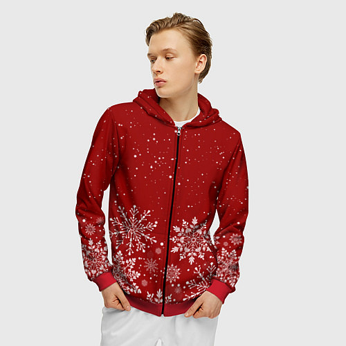 Мужская толстовка на молнии Текстура снежинок на красном фоне / 3D-Красный – фото 3