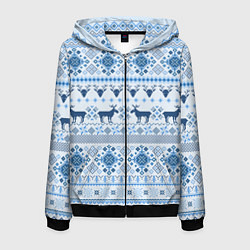 Толстовка 3D на молнии мужская Blue sweater with reindeer, цвет: 3D-черный