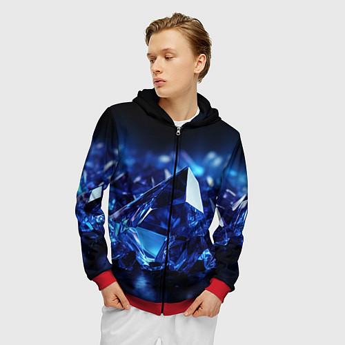 Мужская толстовка на молнии Синие прозрачные алмазы / 3D-Красный – фото 3