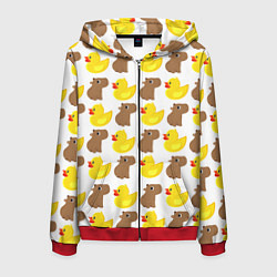 Толстовка 3D на молнии мужская Капибара с желтой уткой, цвет: 3D-красный