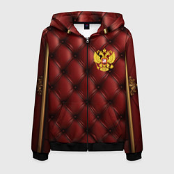 Толстовка 3D на молнии мужская Золотой герб России на красном кожаном фоне, цвет: 3D-черный