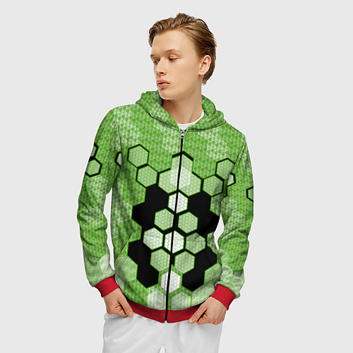 Мужская толстовка на молнии Зелёная кибер броня hexagons / 3D-Красный – фото 3