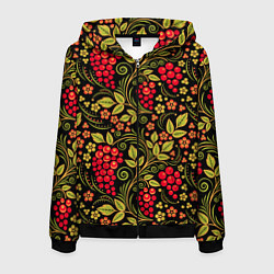 Толстовка 3D на молнии мужская Хохломская роспись красные ягоды, цвет: 3D-черный
