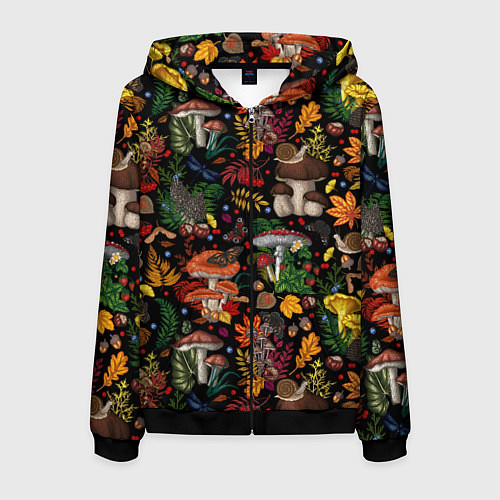 Мужская толстовка на молнии Фон с лесными грибами / 3D-Черный – фото 1
