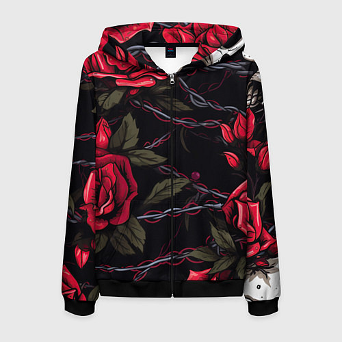 Мужская толстовка на молнии Череп и красные розы / 3D-Черный – фото 1