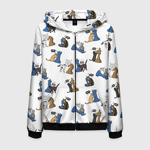 Мужская толстовка на молнии Котики и шахматы белый / 3D-Черный – фото 1