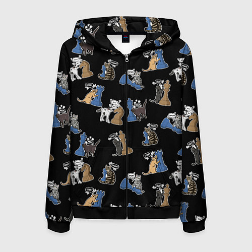 Мужская толстовка на молнии Котики и шахматы на черном / 3D-Черный – фото 1