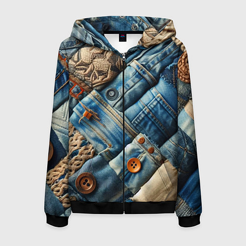 Мужская толстовка на молнии Джинсовый пэчворк с пуговицами - мода / 3D-Черный – фото 1