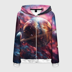 Толстовка 3D на молнии мужская Объемный космос и планеты, цвет: 3D-белый