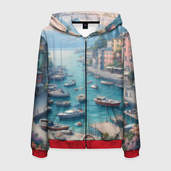 Толстовка 3D на молнии мужская Гавань с лодками, цвет: 3D-красный