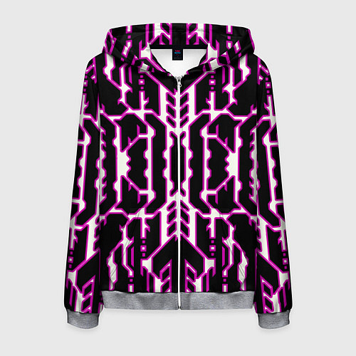 Мужская толстовка на молнии Техно белые линии с розовой обводкой на чёрном фон / 3D-Меланж – фото 1