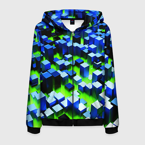 Мужская толстовка на молнии Синие блоки в зеленом тумане / 3D-Черный – фото 1