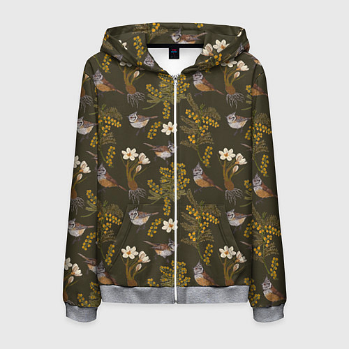 Мужская толстовка на молнии Хохлатые синицы и мимоза паттерн / 3D-Меланж – фото 1