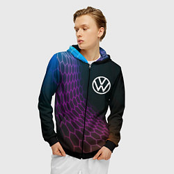 Толстовка 3D на молнии мужская Volkswagen neon hexagon, цвет: 3D-черный — фото 2