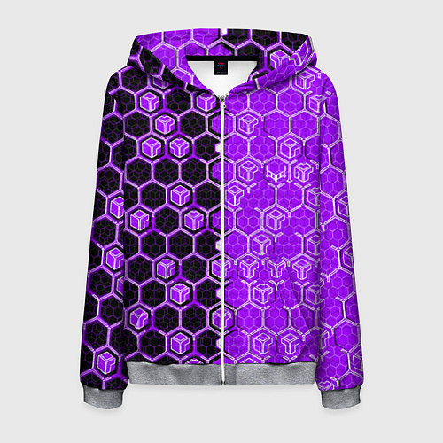 Мужская толстовка на молнии Техно-киберпанк шестиугольники фиолетовый и чёрный / 3D-Меланж – фото 1
