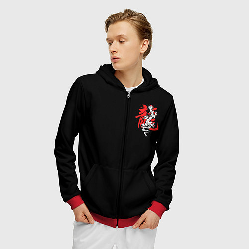 Мужская толстовка на молнии Иероглиф - китайский дракон / 3D-Красный – фото 3