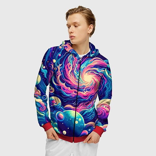 Мужская толстовка на молнии Разноцветный бескрайний космос - нейросеть / 3D-Красный – фото 3