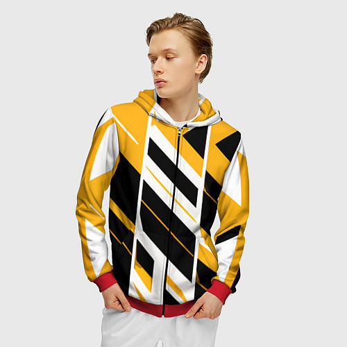 Мужская толстовка на молнии Black and yellow stripes on a white background / 3D-Красный – фото 3