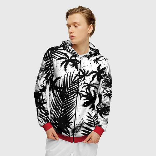 Мужская толстовка на молнии Чёрно белые пальмы / 3D-Красный – фото 3