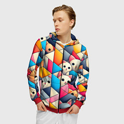 Толстовка 3D на молнии мужская Geometric pattern with kittens - ai art, цвет: 3D-красный — фото 2