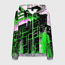 Мужская толстовка на молнии Хаотичная зелёно-белая абстракция