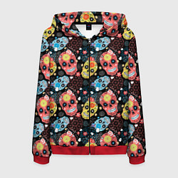 Толстовка 3D на молнии мужская Узорчатые черепа, цвет: 3D-красный