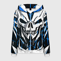 Толстовка 3D на молнии мужская Белый череп и синие полосы на чёрном фоне, цвет: 3D-белый