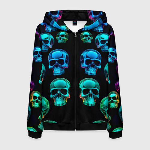 Мужская толстовка на молнии Neon skulls - ai art pattern / 3D-Черный – фото 1