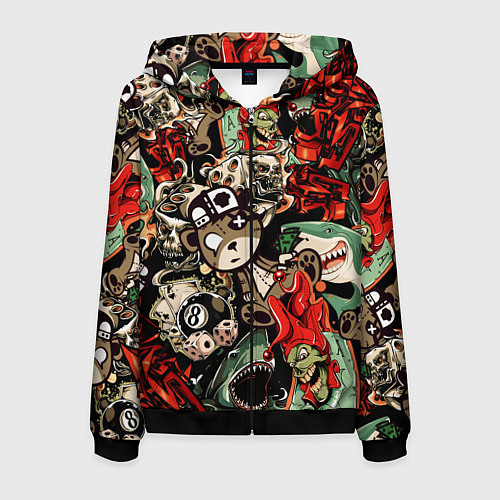 Мужская толстовка на молнии Граффити плюшевого медведя среди акул азарта / 3D-Черный – фото 1