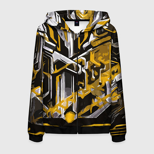 Мужская толстовка на молнии Жёлто-белая агрессивная абстракция на чёрном фоне / 3D-Черный – фото 1