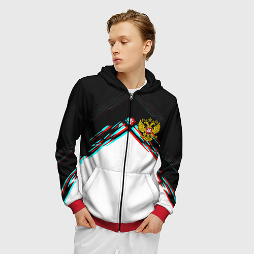 Мужская толстовка на молнии Краски глитч герб РФ / 3D-Красный – фото 3