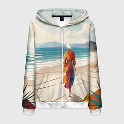 Толстовка 3D на молнии мужская Летний пейзаж с женщиной на пляже, цвет: 3D-белый