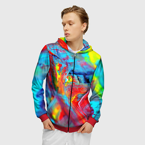 Мужская толстовка на молнии Абстрактные краски неон / 3D-Красный – фото 3