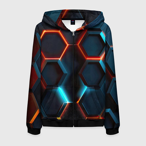 Мужская толстовка на молнии Неоновые темно синие соты / 3D-Черный – фото 1